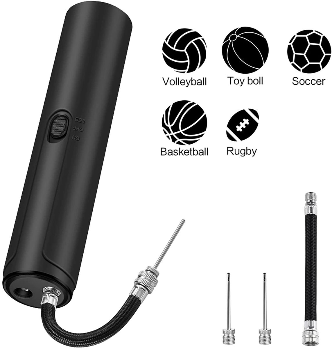 Portable Automatic Fast Ball Pump With Needle And Nozzle Air Pump For Inflatables, Athletic Basketball, Soccer, Volleyball, Football, Sport Ball And Swimming Ring, Black