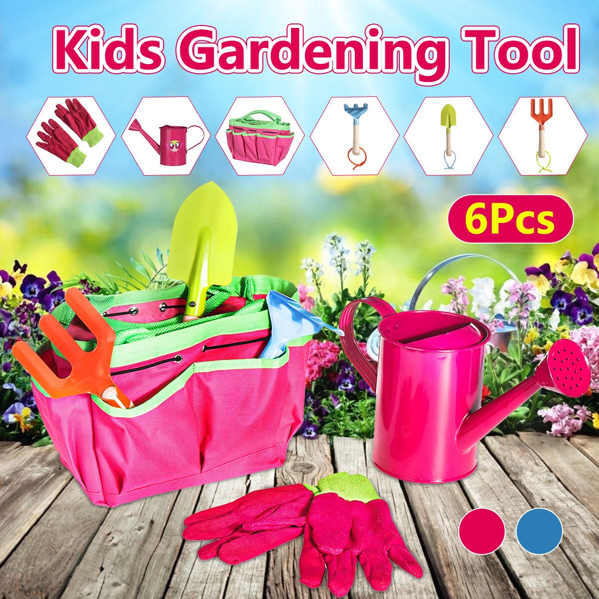 6Pcs Kids Gardening Tools Children Shovel Spade Fork Set Watering Can Tote Bag Garden Yard Red