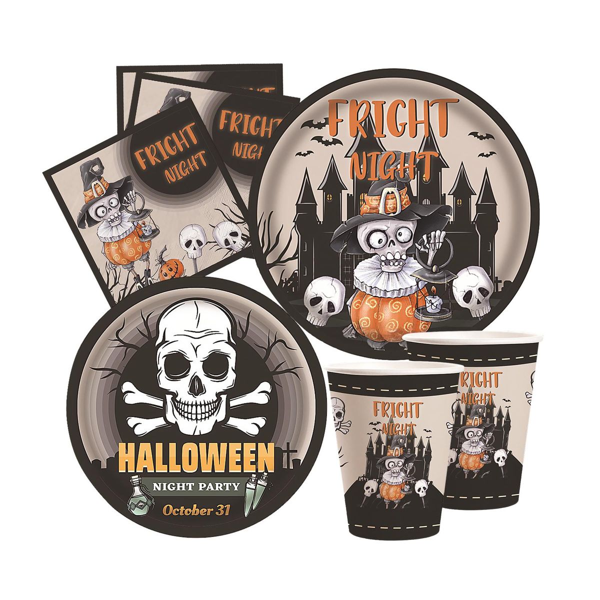 16 Guests 64PCS Halloween Disposable Tableware Plates Cups Napkins Set Scary Skull Disposable Paper Dinnerware for Happy Halloween Spooky Themed Party