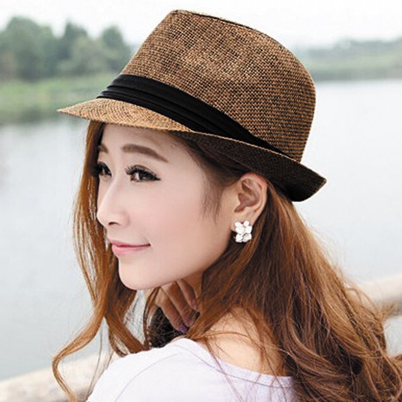 Men Women Straw Hat Contrast Ribbon Fedora Curly