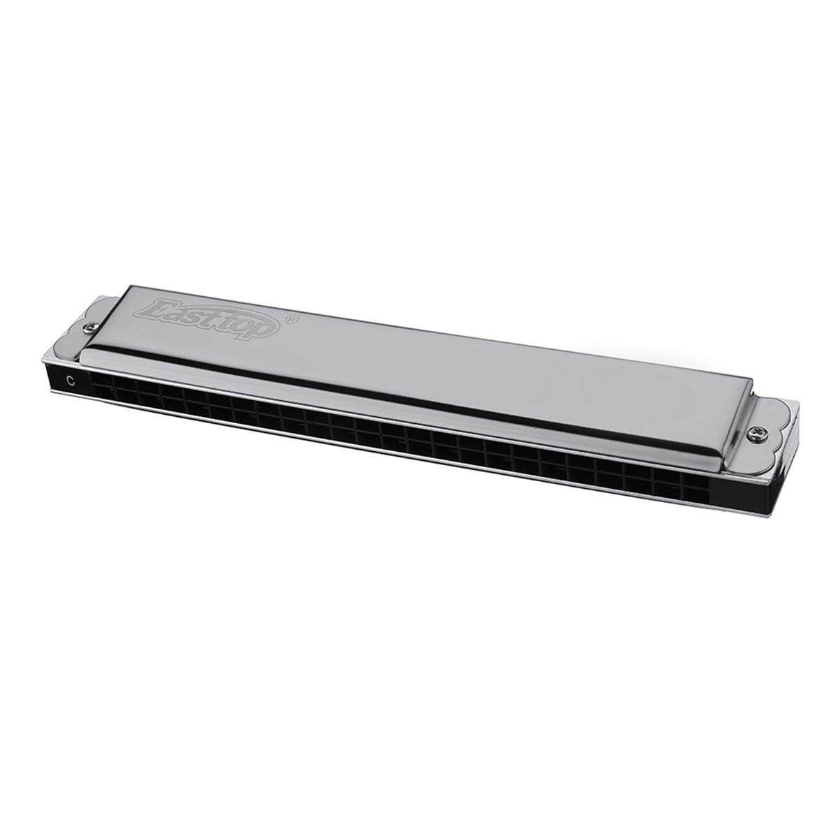 Easttop T008K 24 Holes Key Octave Harmonica Portable With Leather Box Kids Silvery