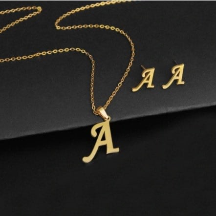 Letter A Pendant + Earrings & Necklace - Gold