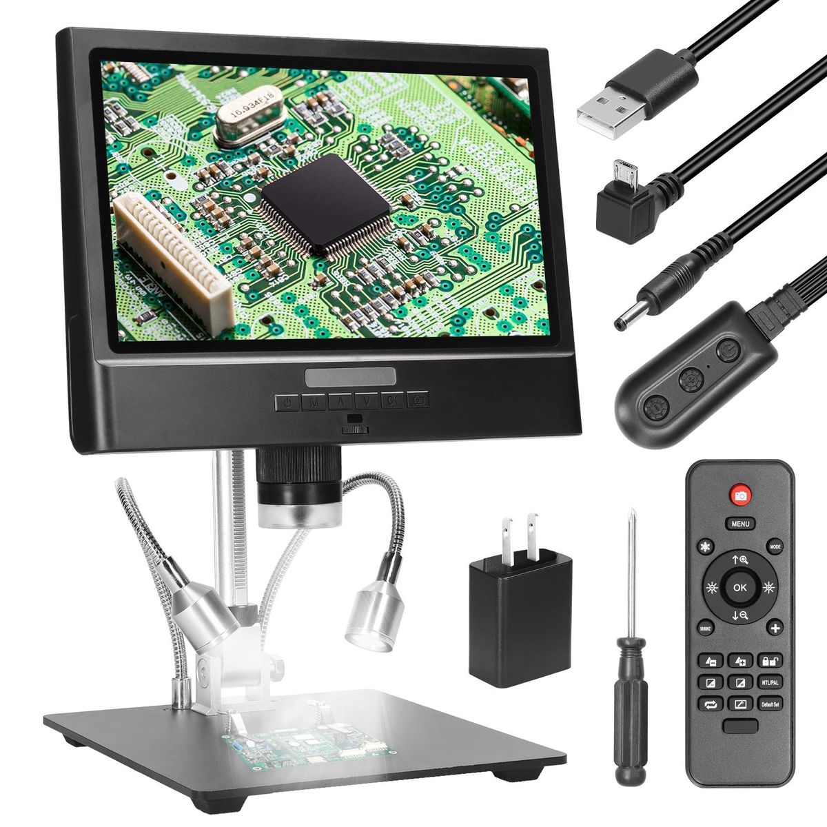 Professional Digital Microscope 1080P 10inch LCD Display 4X Digital Zooming Magnification Soldering Microscope Picture Taking Video Recording Maintenance Workbench with LED Shadowless Lamp