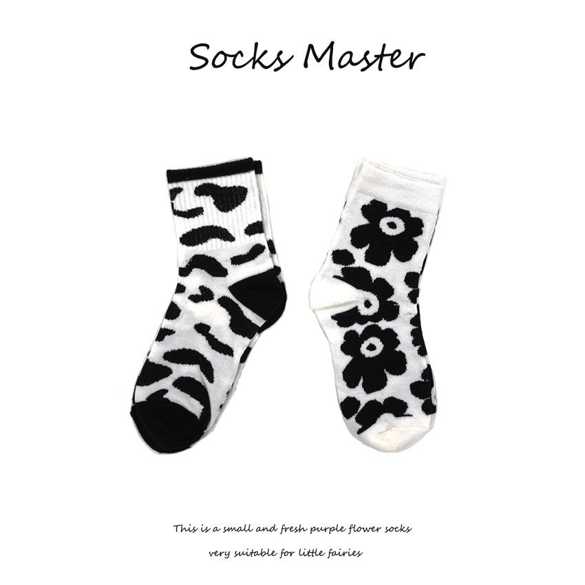 Yafeng Flower Korean Street Black And White Cow Fashion Pure Cotton Medium Tube Socks Personalized Classic Skateboard Women's Stockings