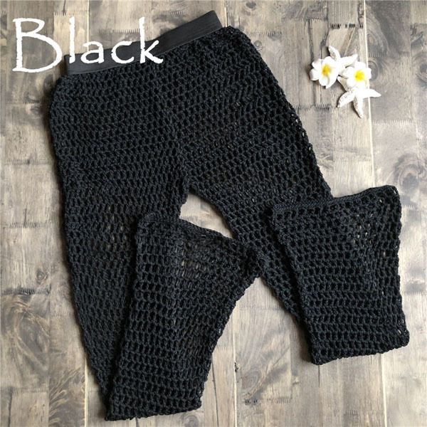 Sexy Beach Pants Elastic Waist Handmade Crochet Black_S