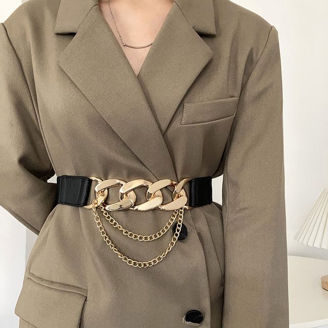 Gold Chain Belt Elastic Silver Metal Waist Belts For Women Stretch Ladies Coat Ketting Riem Waistband(#Gold)