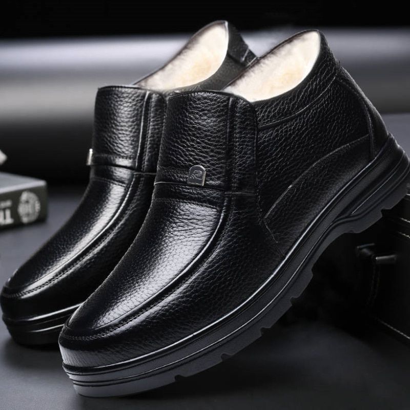 Men's Leather Cotton Shoes Winter Solid Color Warm Waterproof Business Office-black 1