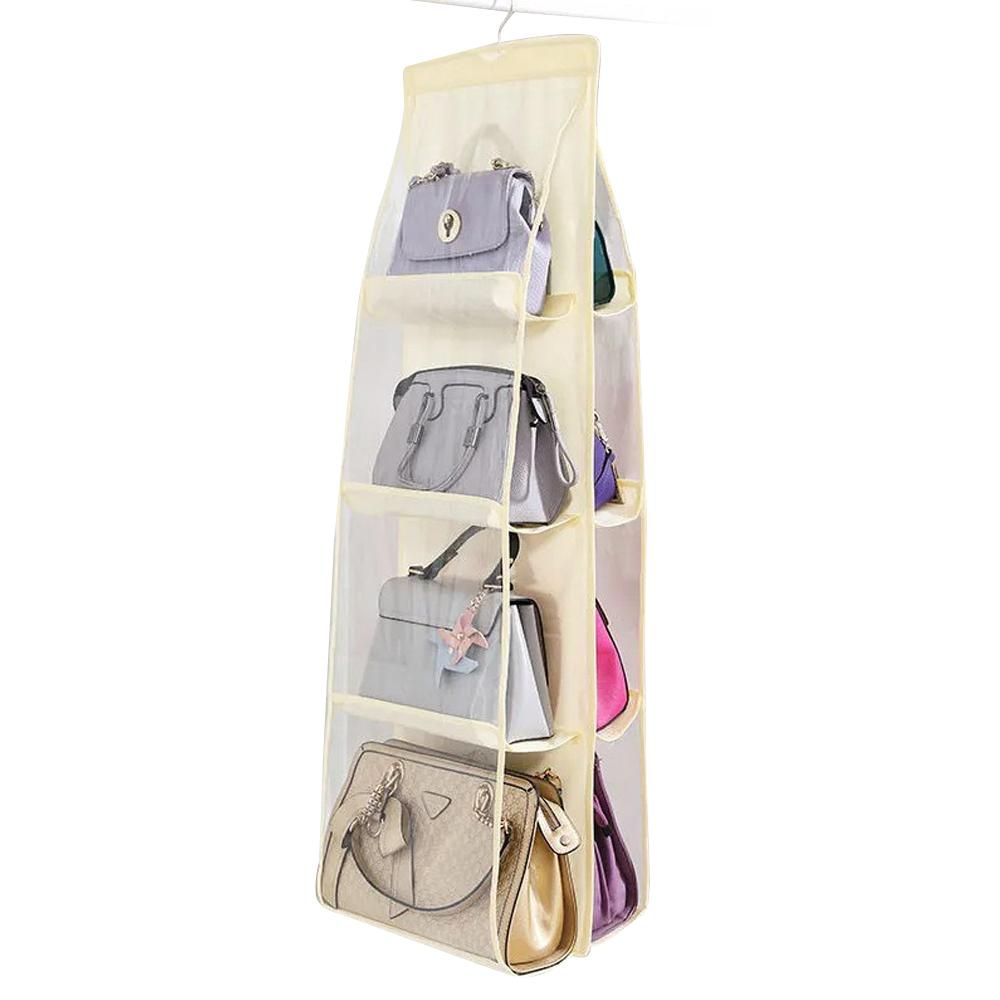 4-layer Handbag Purse Dust-proof Organizer With 8 Pockets Metal Hook Bag Storage Bag For Wardrobe Closet Space Saving Beige