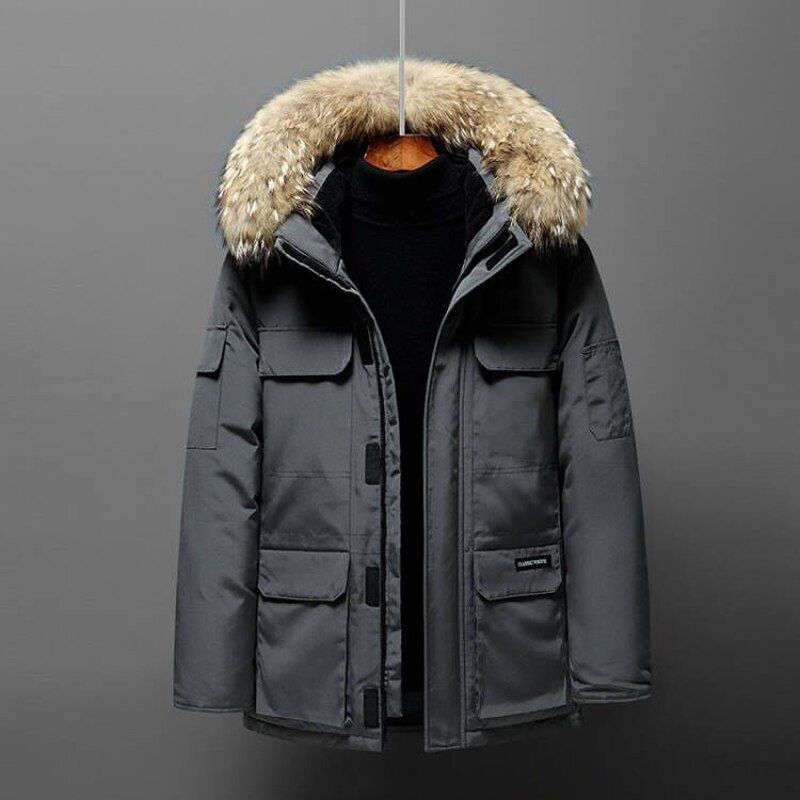 Fur Collar  Duck Down Winter Jacket Men Windproof Hooded Thicken Multi-pocket