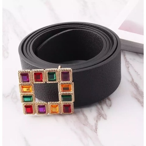 Classy Square Rhinestone Buckle Leather Belt