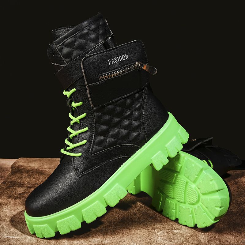 Pocket Boots For Men Boots High Top Men Single Boots Martin Boots Soft Boots Autumn Ankle Boots Men Shoes-Black Green