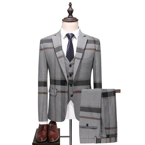 British Men Plaid Striped Suit Set , Slim Fashion Wedding Banquet Stage Dress, Casual Business Suit Gray
