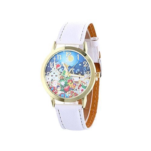Christmas Cartoon Pattern Dial Analogy Display Quartz Women Wrist Watch-White