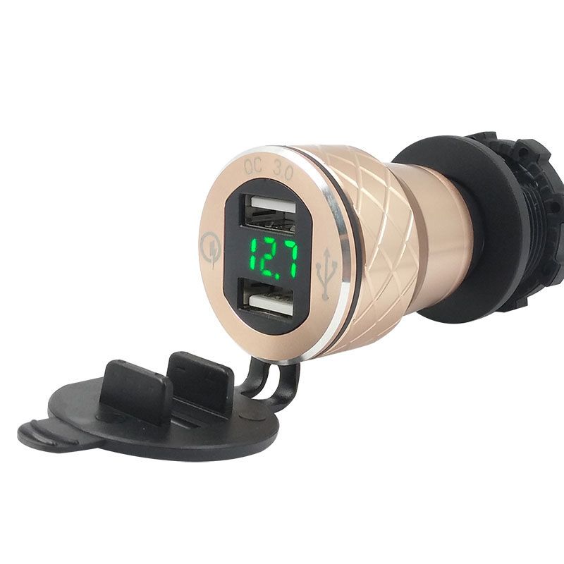 （110-Golden）4.2A Aluminum Dual USB Moto Cigarette  Socket For BMW Hella/DIN Plug Motorcycle Charger LED Display Power Outlet Adapter