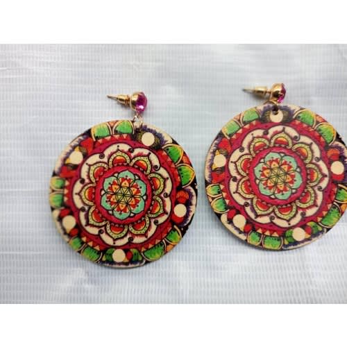 Ladies Round Wooden Earrings - Multicolour