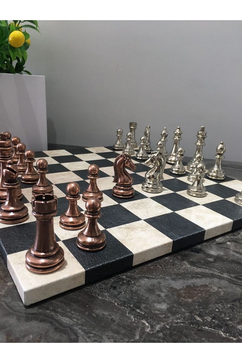 Leather Chess Board (black And ) + Large Size  Chess Piece Set (bronze) Chess Play