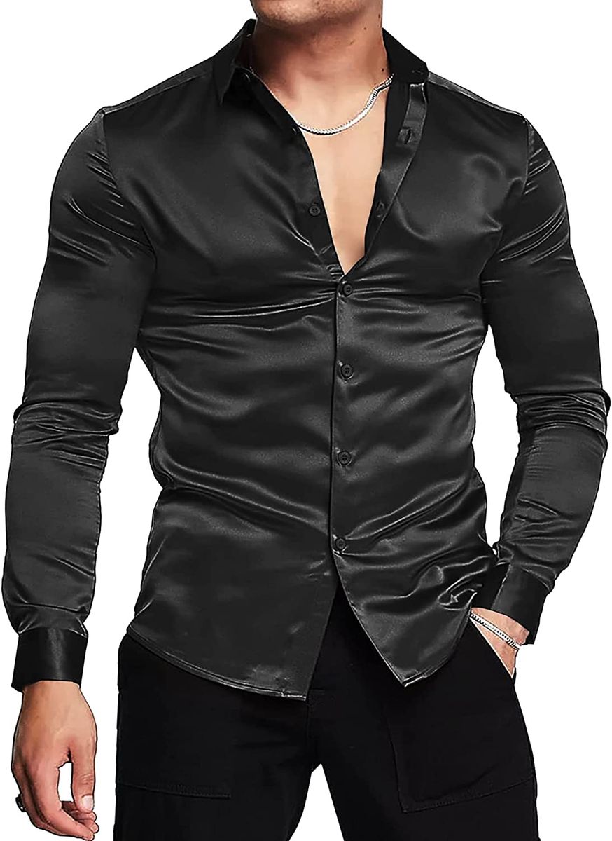 Men's Black Button Down Long Sleeve Satin Silk Dress Turkey Casual Outings Shirt