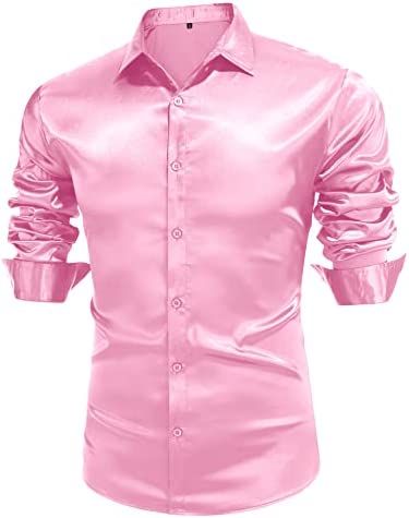 Men's Pink Button Down Satin Silk Dress Male Casual Long Sleeve Outing Shirt