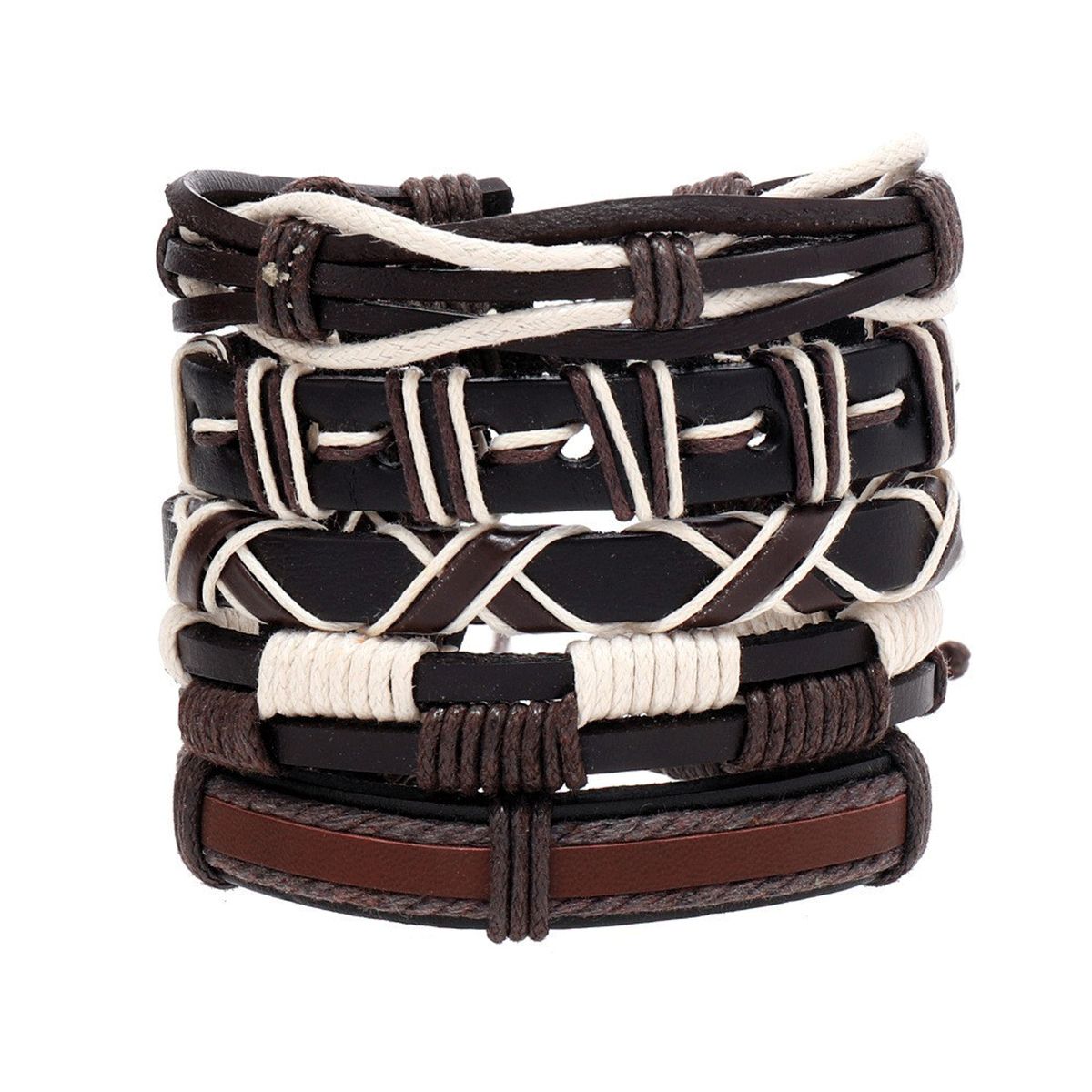 Set Of 5 Vintage Hemp Rope PU Leather Braided Bracelets
