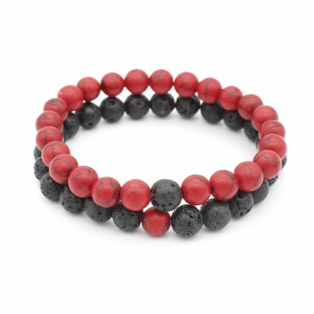 2 IN 1 Black And Red Sunset Matt Stone Beads Bracelet. Black & Red