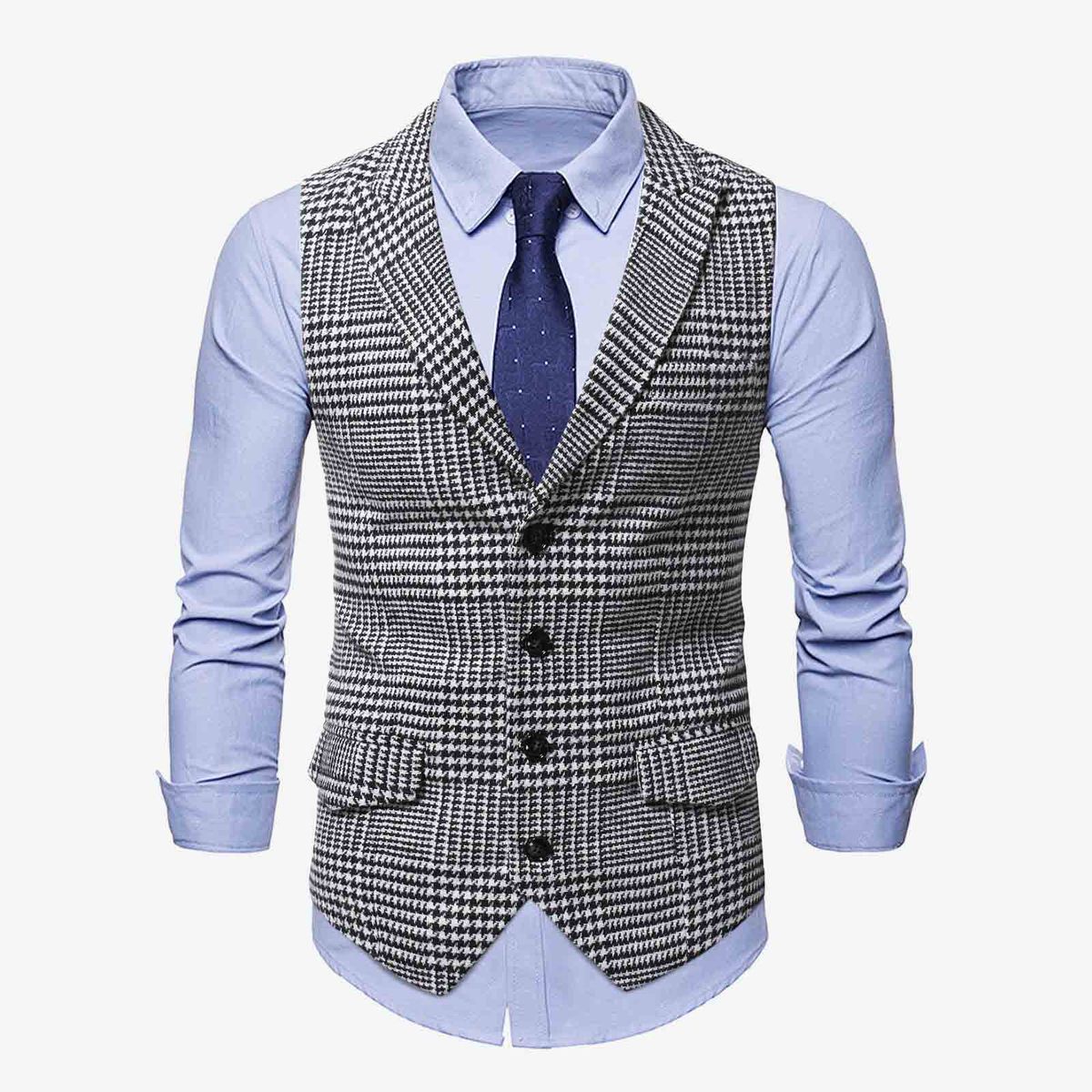 (Black White)Mens Suit Vest Fashion Slim Fit Thin Plaid Men Waistcoat Tops Business Vest Waistcoat Man England Style Male Casual Suits Vests DOU