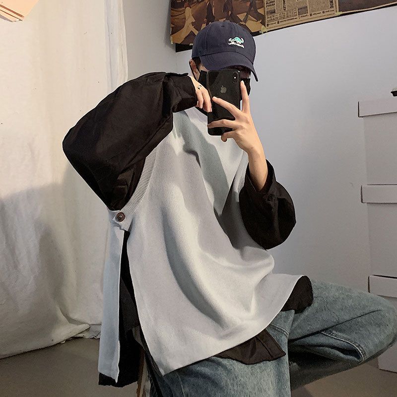 Designer Sweater Vests Men On Side-slit Solid Loose Hipster Japanese Teenagers