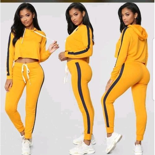Ladies Crop Top Track Cord Yellow With Black Strips