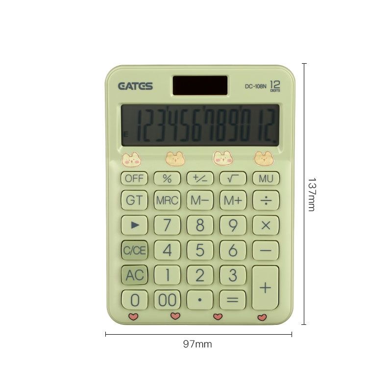 Cute Cartoon Calculator Fashion Student Portable Calculator Small Solar Financial Cashier Girl 12-bit Computer Dual Power System Light Green