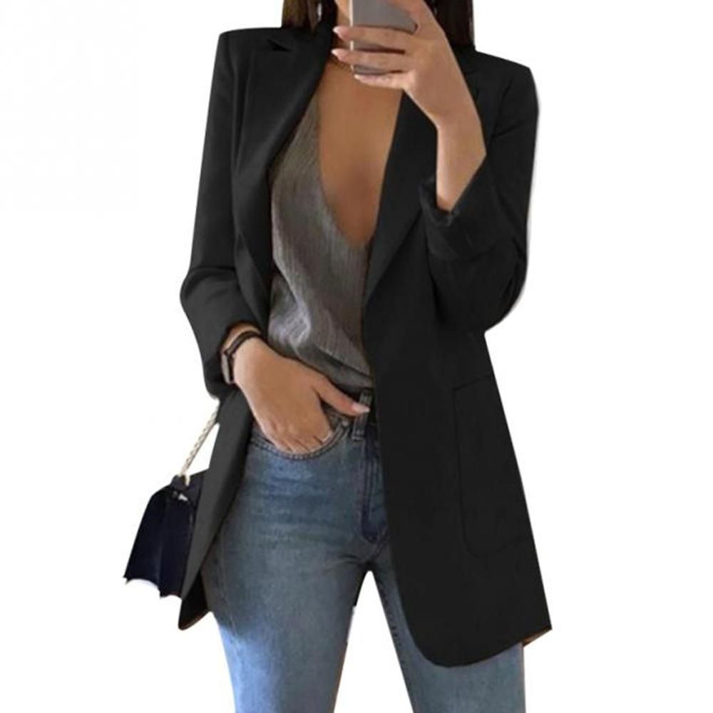 Women B Solid Office Ladies Plaid B Long Sleeve Loose-Black