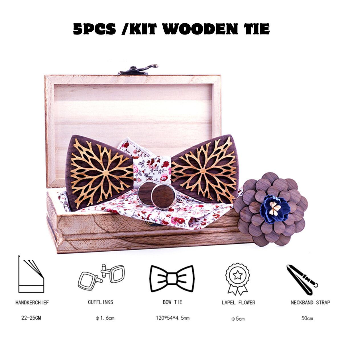3D Wooden Tie Square Handkerchief Cufflinks Wood Bow Tie