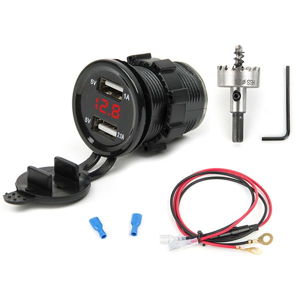 （Red Cable Hole Saw）Dual USB Motorcycle Cigarette  Car Cigarette  Charger Socket Charger+LED Digital Voltmeter Meter Monitor 3 Colors