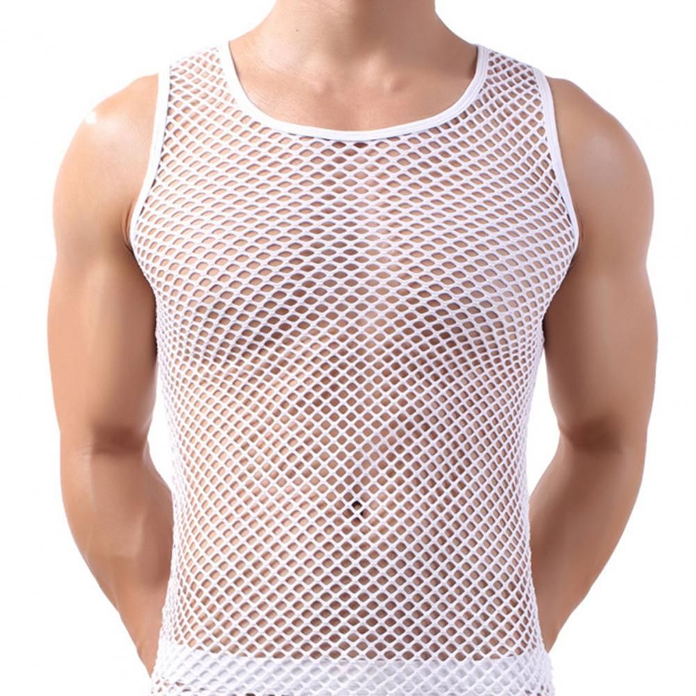 Men's Sexy Transparent Undershirts Male Pure Color Vest O_neck Sleeveless Fishing Net Underwear Hollowed Out Pajama T_shirt(#White)