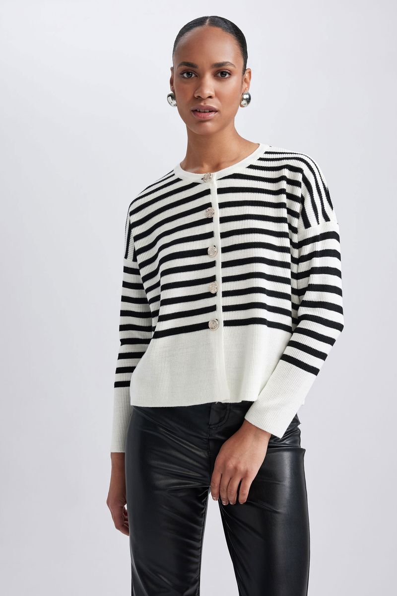 Woman Casual Relax Fit Crew Neck Long Sleeve Tricot Cardigan - Ecru