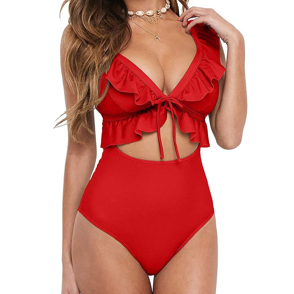 Sexy Ruffle One Piece Swimsuit Female Swimwear Women Push Up Monokini Bathers Bathing Suits Beachwear Swim Ladies Red