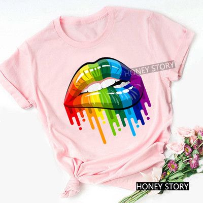 Fitted Dripping Lip Design Ladies Quality Round Neck Printed T-shirt Polo - Pink