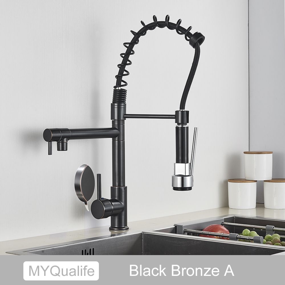 Spring Pull Down Matte Black Kitchen Mixer Faucet Deck Mounted Dual Spout   Kitchen Sink Crane Taps Handheld Sprayer Shower Head