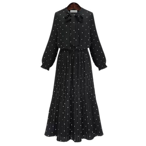 Pleat Dotted Maxi Dress- Black