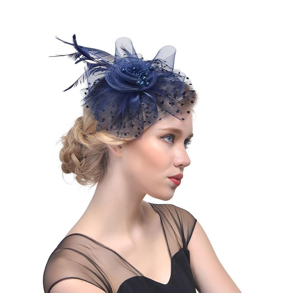 Womens Felt Hat Topper Mesh Fishnet Veil Small Feathers Fedoras Hat Hair Clips Wedding Bridal tail Headwear Hair Accessory