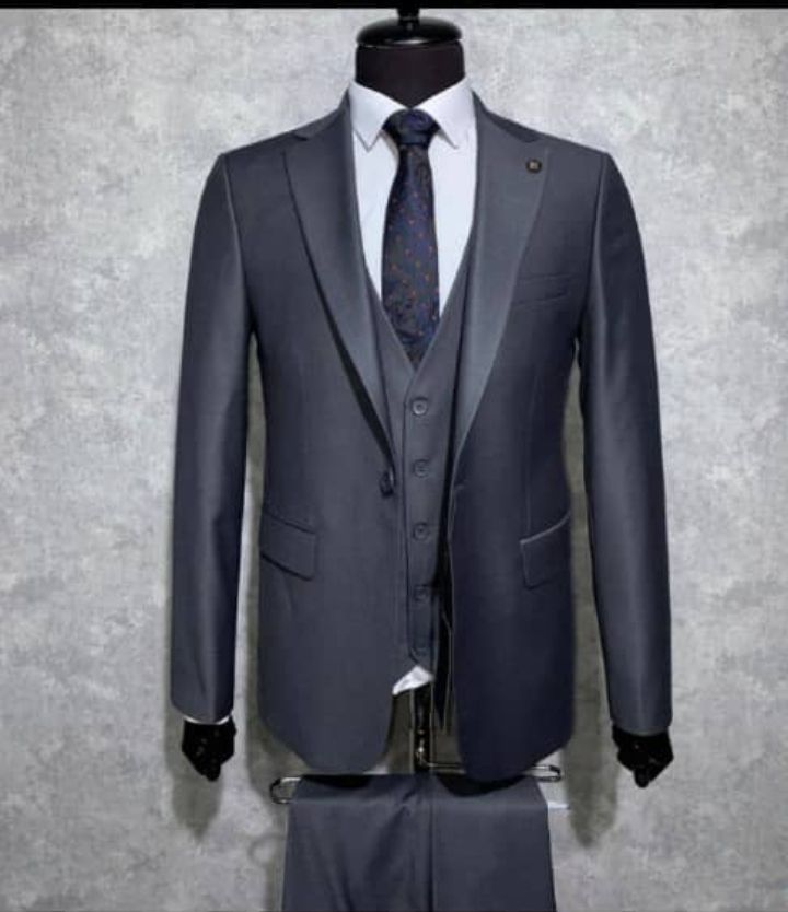Retro Gentleman Classic Plain Business Slim Suit 3Pces Set Groom Wedding Dress Dark Gray