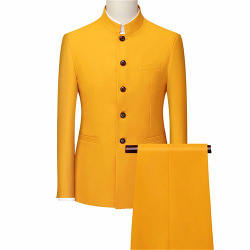 Mens Retro Wedding Party 2-Piece Set Embroidery Men Tang Suit 206 Yellow