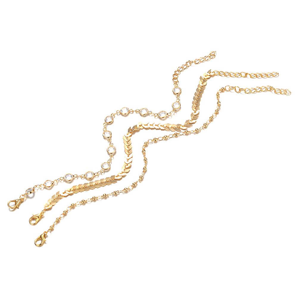 3Pcs/Set Bohemian Women Rhinestone Fishbone Chain Anklet Foot Bracelet Jewelry-Golden