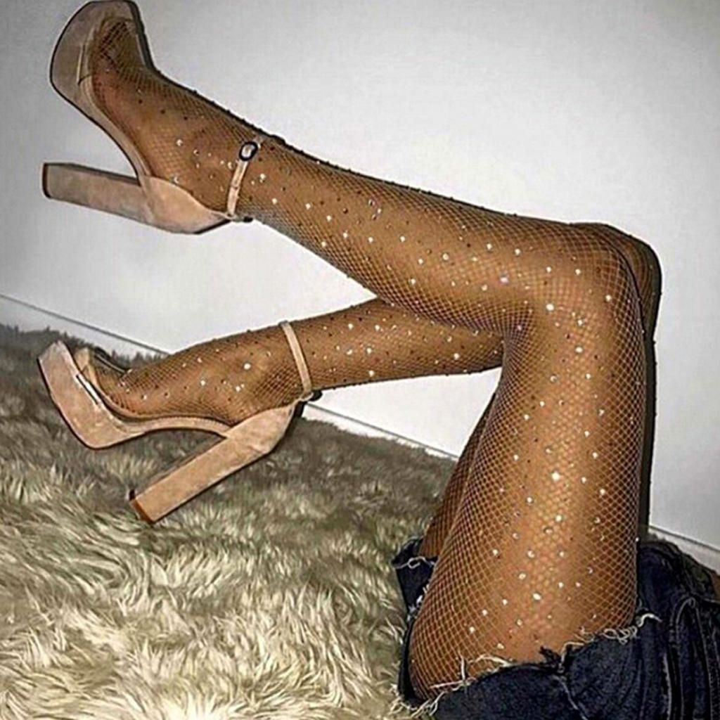 Womens Fishnet Long Stockings Crystal Rhinestones Stretchy Khaki