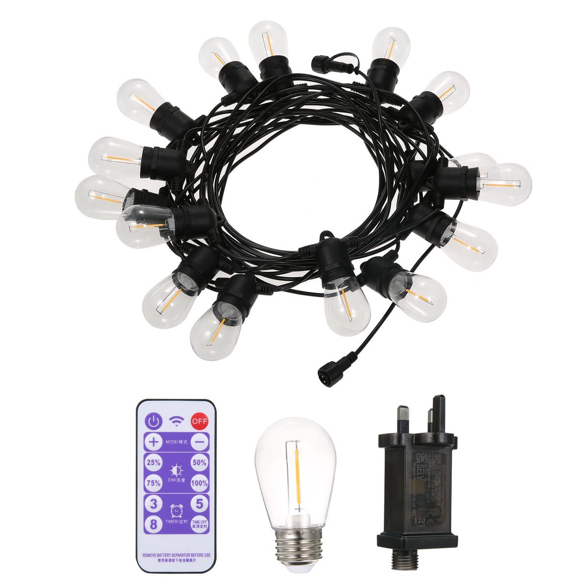 Neoglint 15M/49FT S14 String Lights 15 Hanging Sockets 16 E26 1W LED Bulbs 2700K Warm Light with Remote Control IP65 Waterproof for Outside Backyard Garden Porch