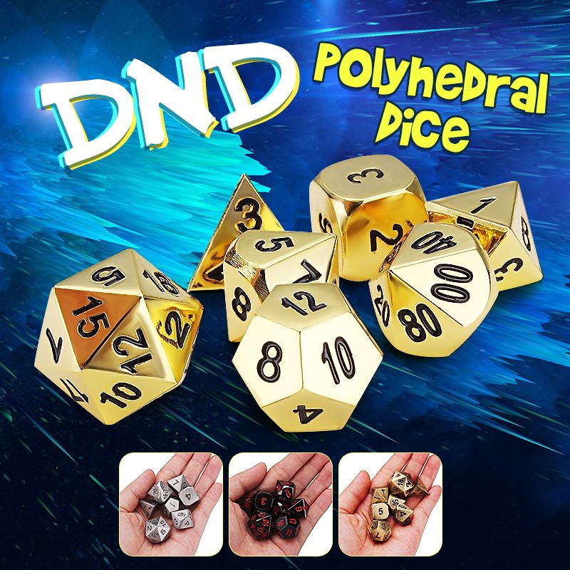 Embossed Antique Metal Polyhedral Dice Role Playing Game Party W/ Bag Imitation Gold