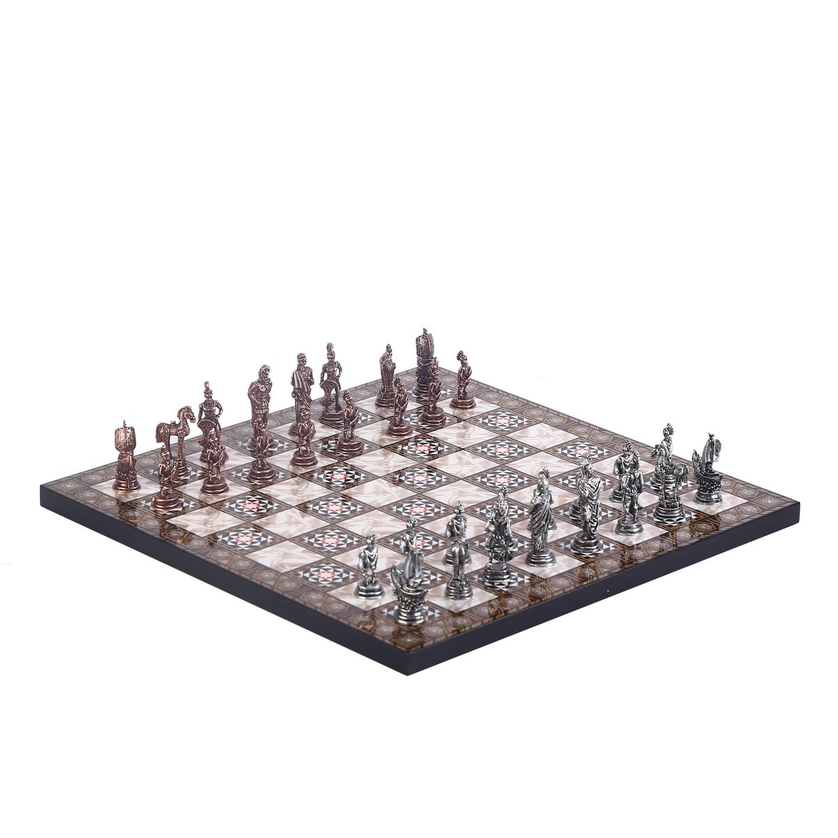 Antique Copper Troy Figures Metal Chess Set For Adults, Handmade Pieces And Mosaic Design Wooden Chess Board Small Size King 5cm
