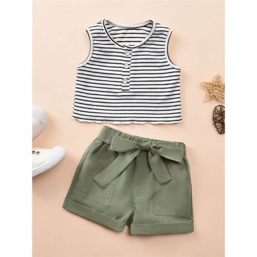 Two Pieces Toddler Girl Stripe Top And Belted Shorts Set