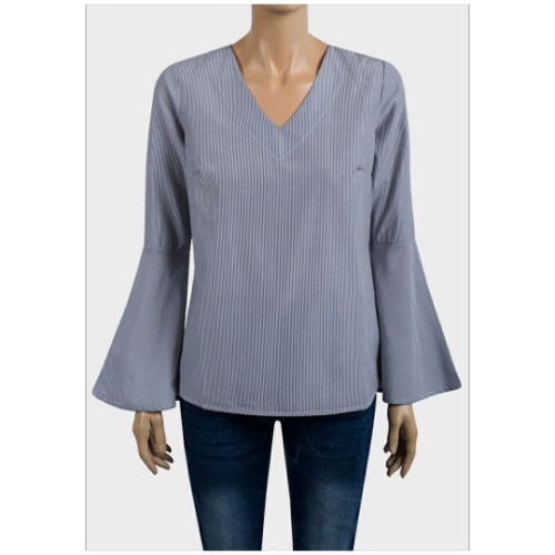 Ladies Pin Stripe Bell Sleeve - Blue - Dark Shade