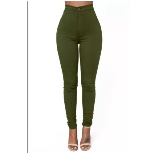 Ladies High Waisted Skinny Jeans With Round Pockets - Olive Green