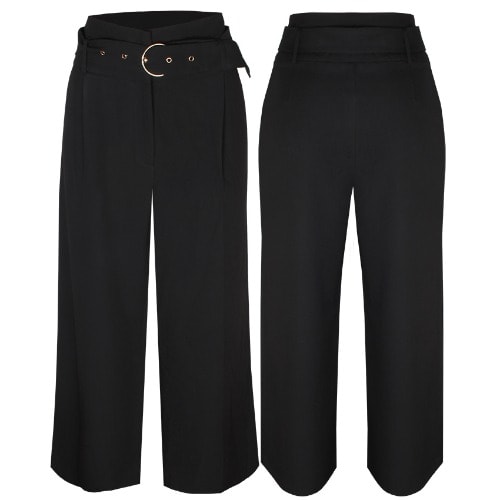 Wide Leg Belted Pants - Black
