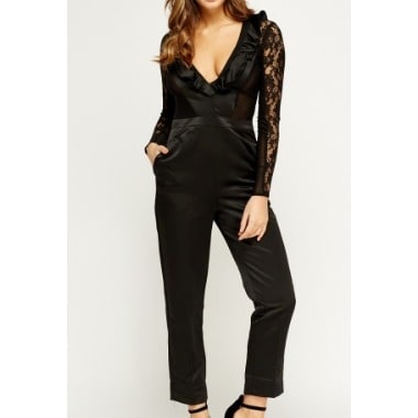 Lace Sleeve Contrast Jumpsuit - Black